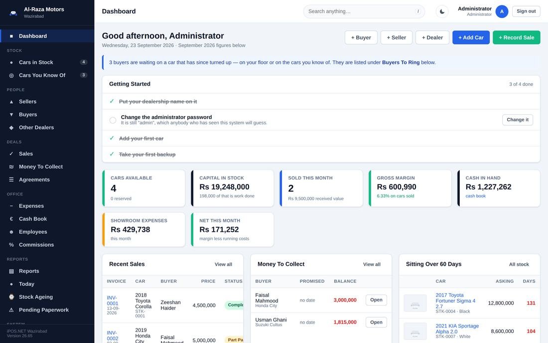 The showroom dashboard: cars available, money in, money to collect and the day's sales