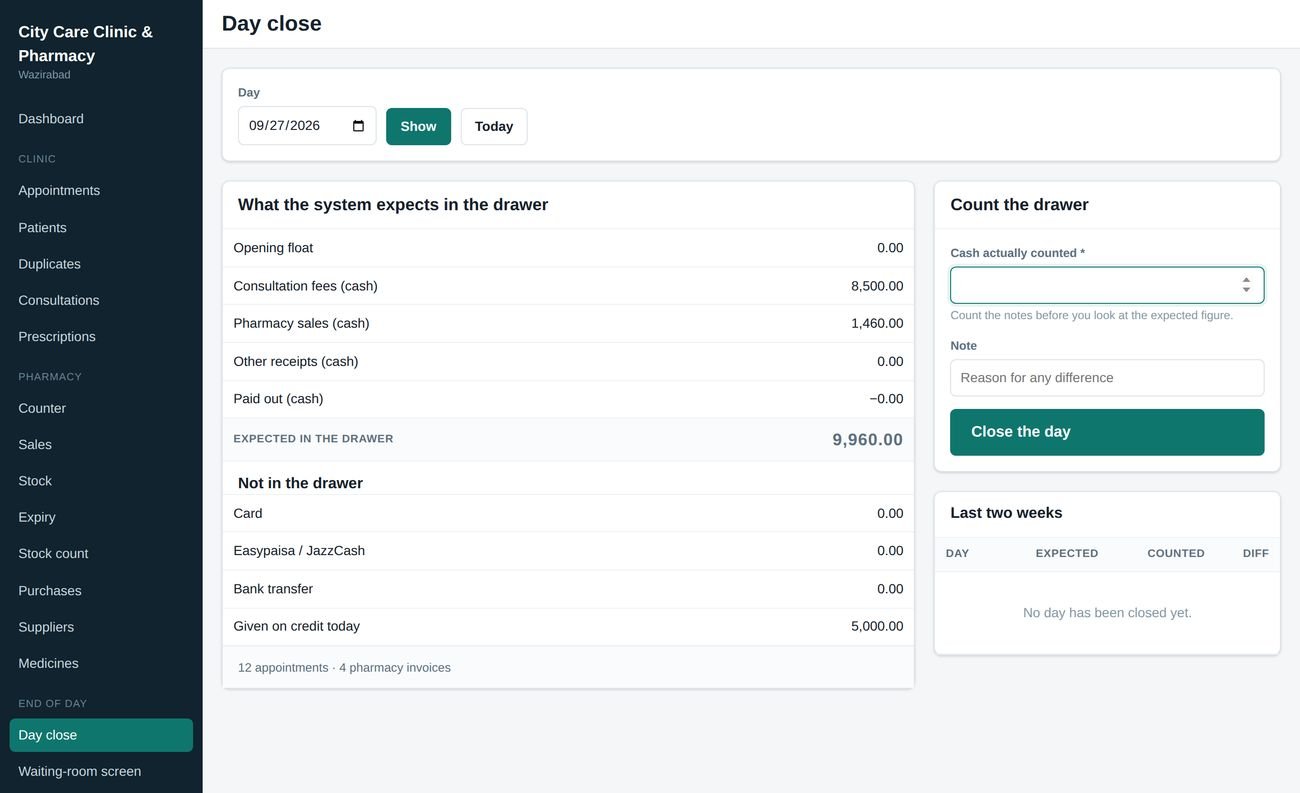 Day close: what the system expects, against what you counted