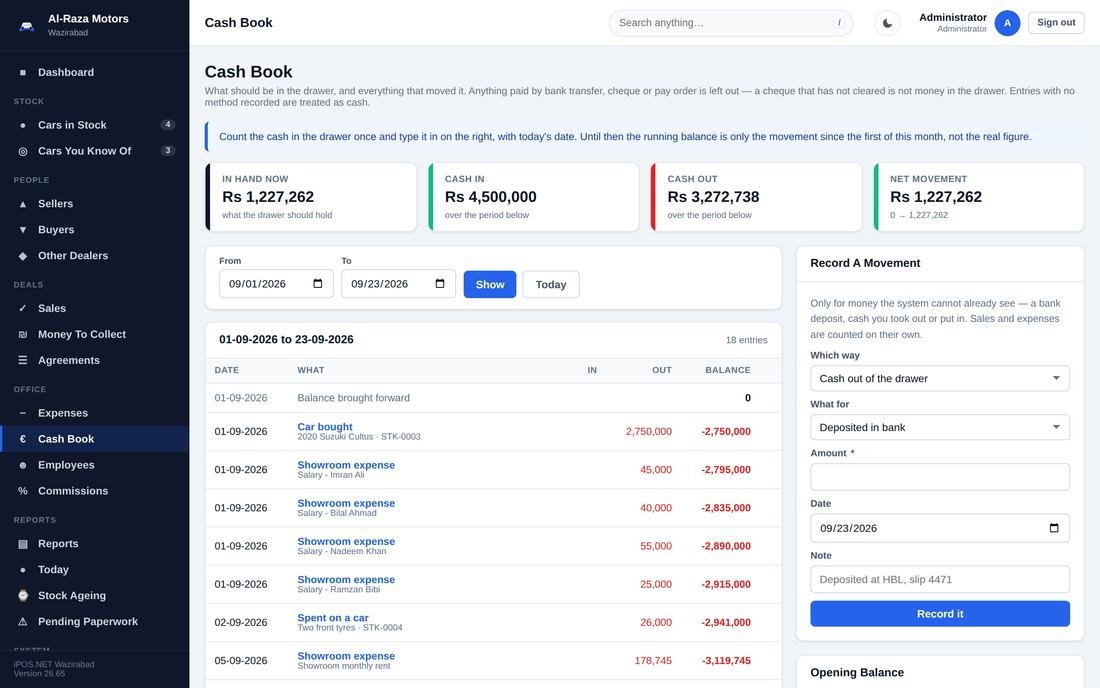 The cash book with a running balance