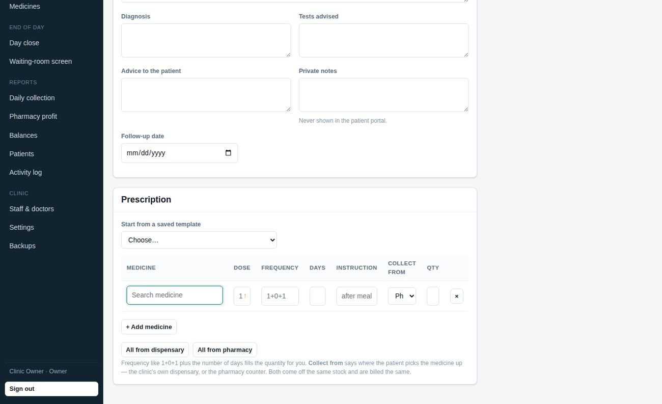 A consultation: vitals, diagnosis and the prescription on one page