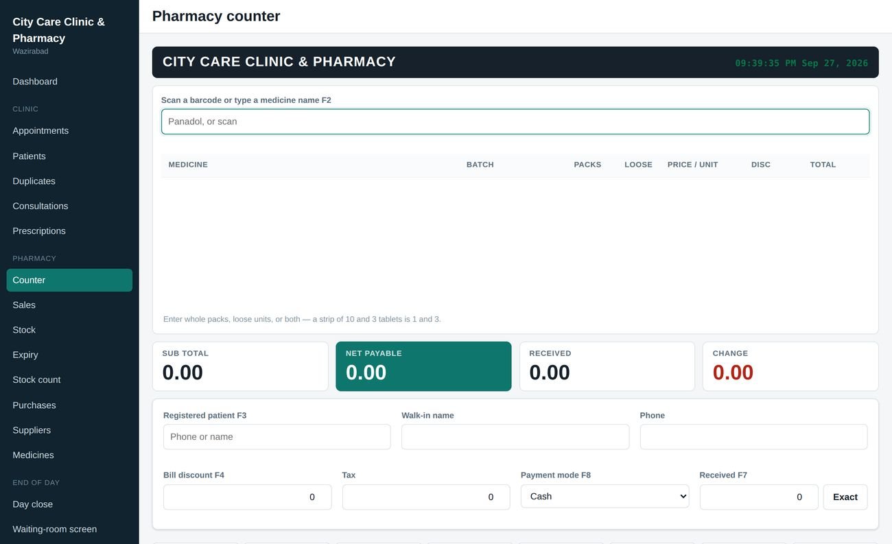The pharmacy counter, mid-sale