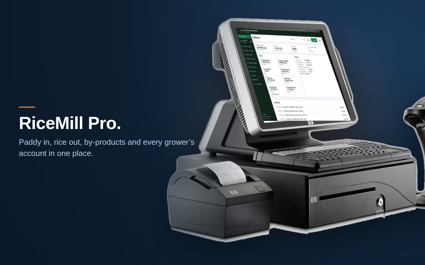 RiceMill Pro running on a counter terminal - paddy in, rice out, by-products and grower accounts