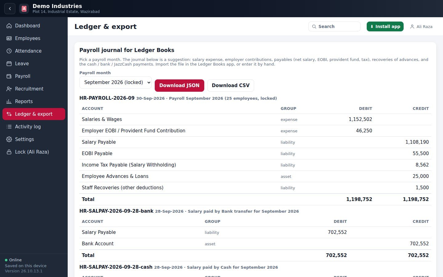 Ledger export