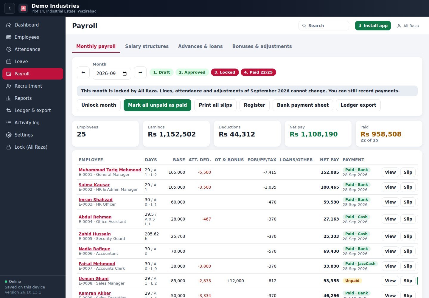 Payroll for a locked month