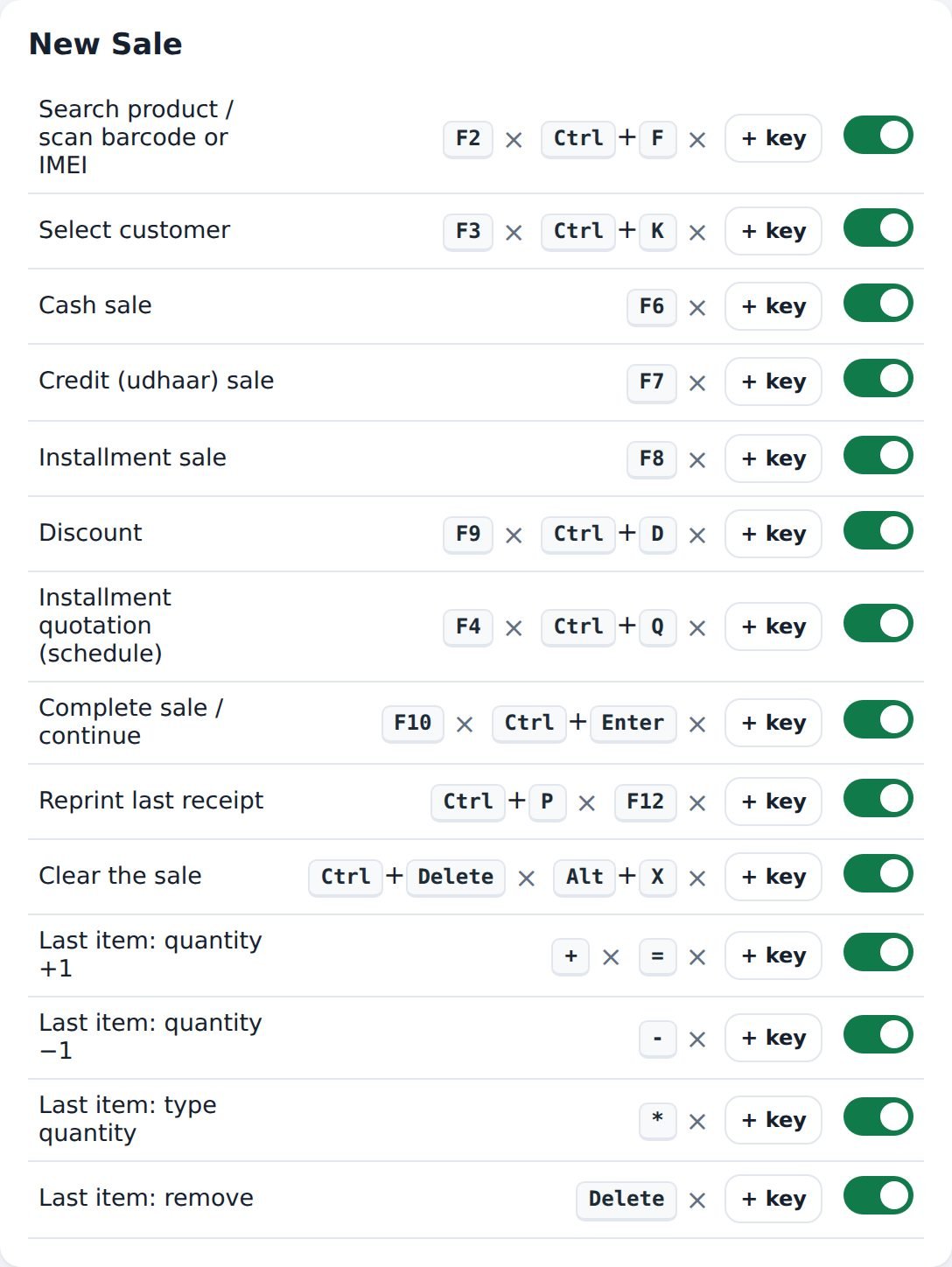 Shortcut settings screen