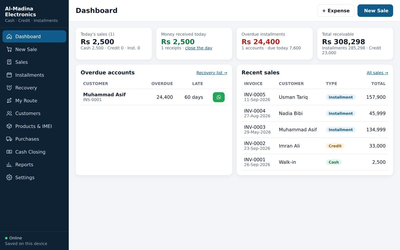 Installment POS dashboard on a PC