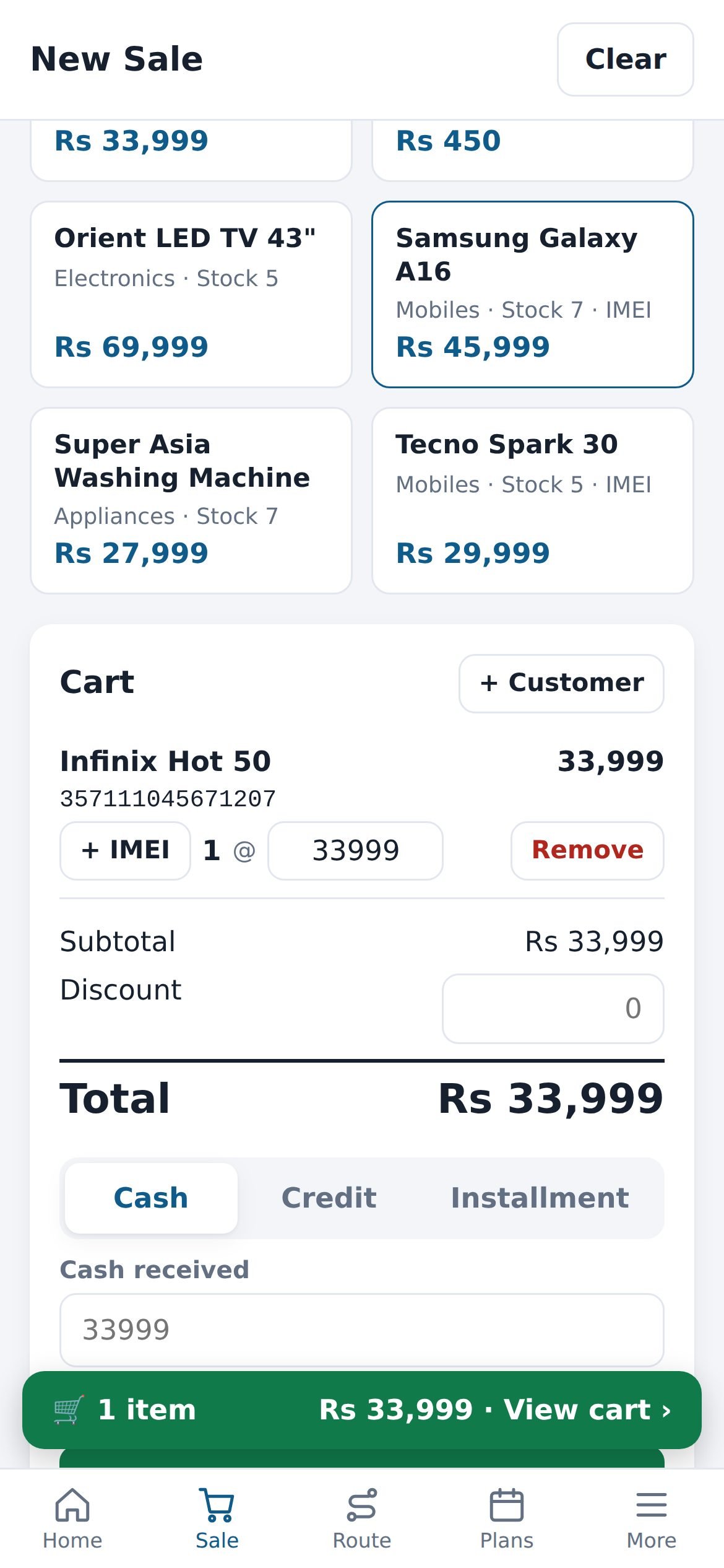 New sale with IMEI scan